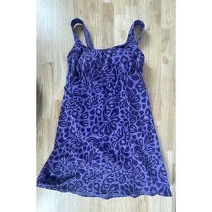 Lands End Swim Suit Dress Purple Abstract Floral Print Built-in Bra Modest Sz 4